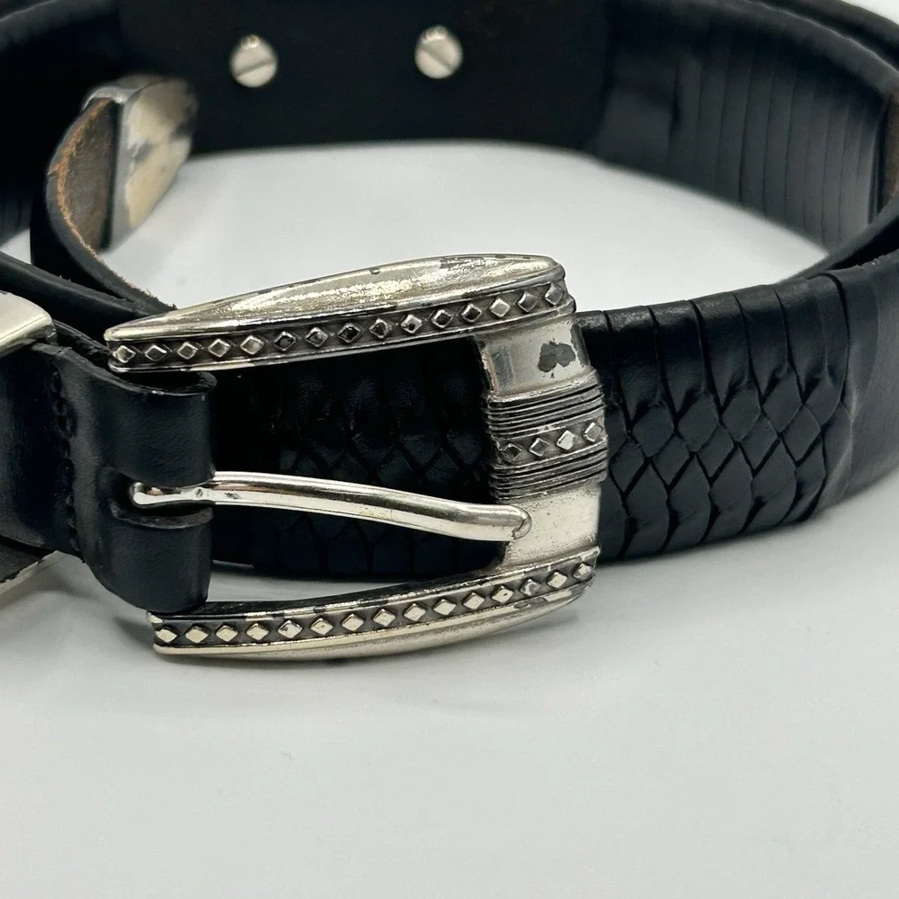 Brighton Women's Black Leather Belt Size 36 Silver Western Buckle Woven 98053